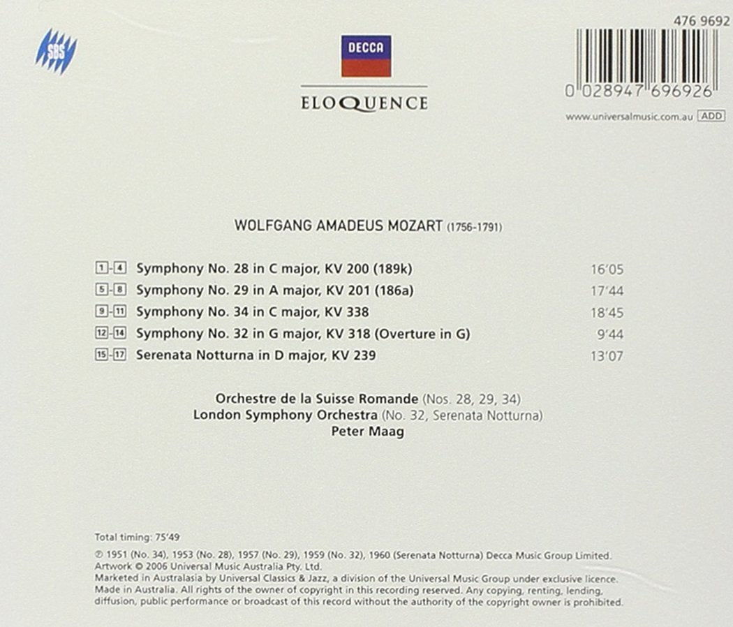 MOZART: SYMPHONIES NO. 28, 29, 32, 34 & SERENATA NOTTURNO (2 CDS) - MAAG, ORCHESTRA DE LA SUISSE ROMANDE, LONDON SYMPHONY (2 CDS)