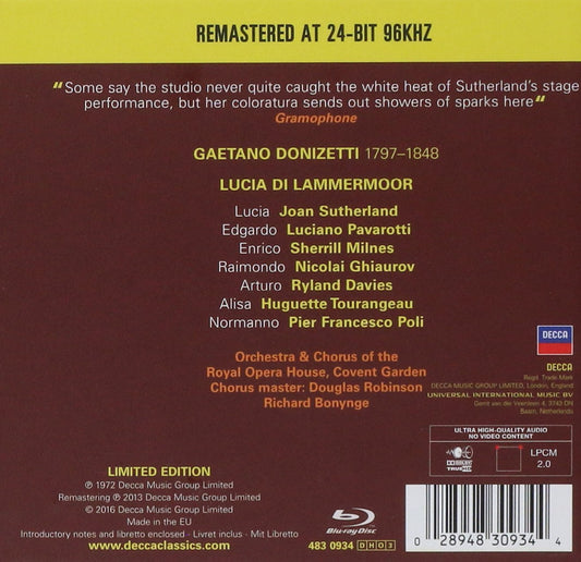DONIZETTI: LUCIA DI LAMMERMOOR - PAVAROTTI; SUTHERLAND; MILNES (3 CDS+ 1 BLU RAY AUDIO)