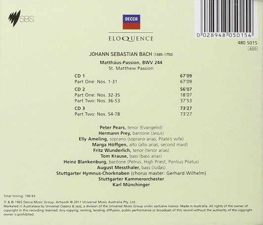 Bach: St Matthew Passion - Karl Munchinger, Peter Pears, Elly Ameling, Fritz Wunderlich (3 CDs)