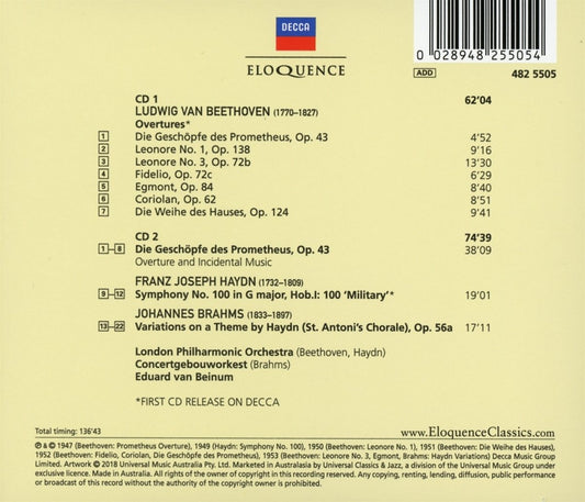 BEETHOVEN: OVERTURES; HAYDN: SYMPHONY NO. 101; BRAHMS: HAYDN VARIATIONS - VAN BEINUM, CONCERTGEBOUW ORCHESTRA (2 CDS)