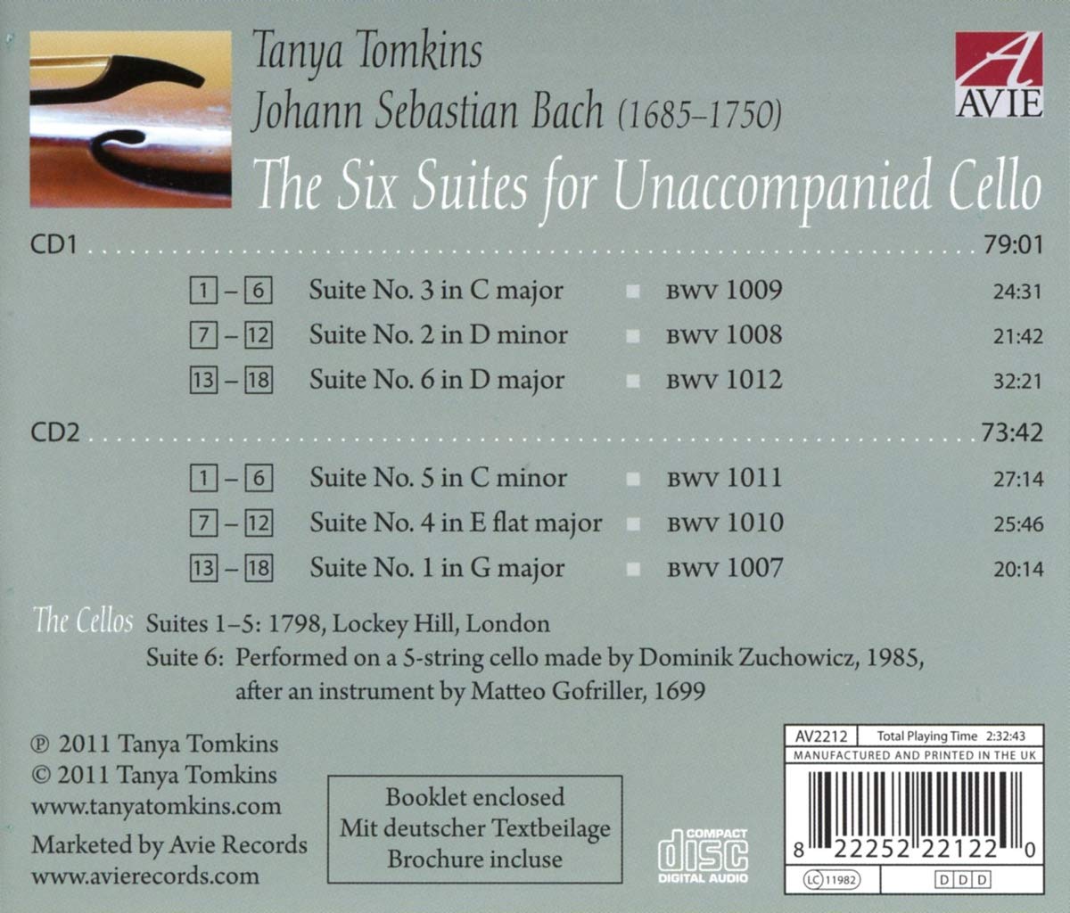 BACH: Six Suites for Unaccompanied Cello: Tanya Tomkins (2 CDS)