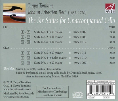 BACH: Six Suites for Unaccompanied Cello: Tanya Tomkins (2 CDS)