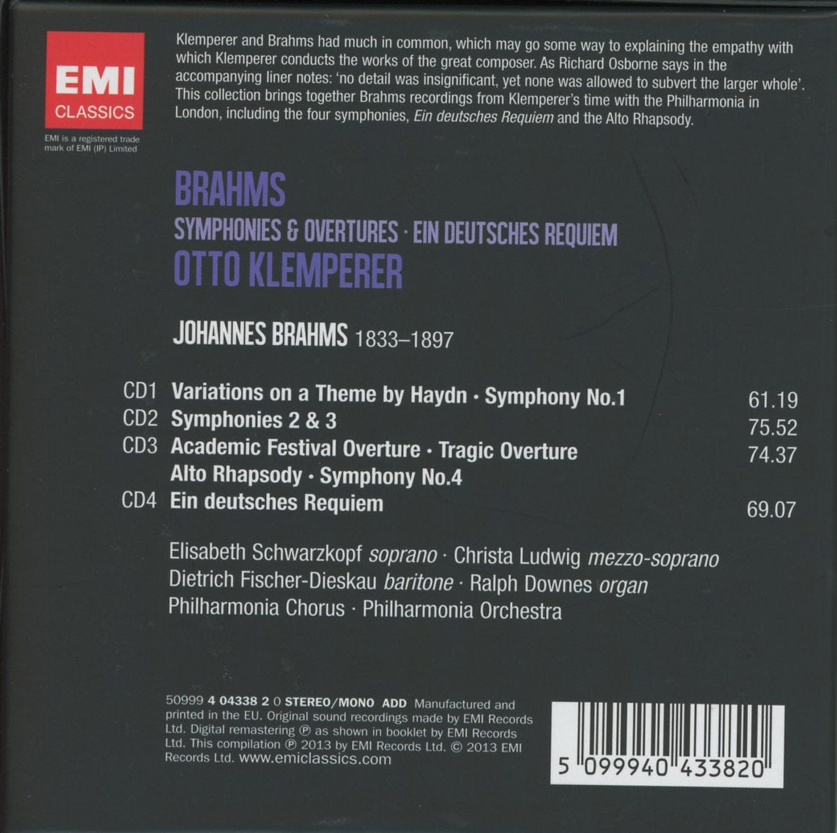 BRAHMS: SYMPHONIES & OVERTURES; EIN DEUTSCHE REQUIEM - KLEMPERER,  PHILHARMONIA (4 CDS)