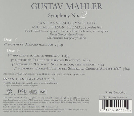 MAHLER: SYMPHONY No. 2 "Resurrection" -  Isabel Bayrakdarian, Lorraine Hunt Lieberson, San Francisco Symphony, Tilson-Thomas (2 Hybrid SACDs)