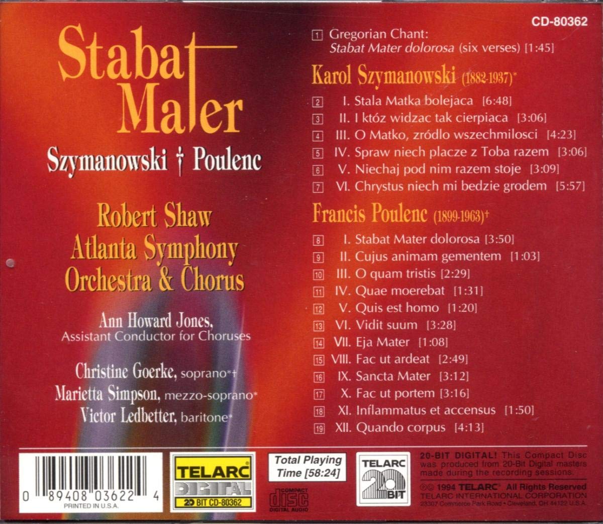 SZYMANOWSKI & POULENC: STABAT MATER - Robert Shaw, Atlanta Symphony Orchestra & Chorus