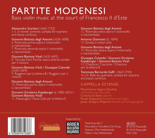 PARTITE MODENISI: Bass Violin Music at the Court of Francesco Il d'Este (SCARLATTI VITALI/KAPSBERGER/GIANNOTTI/+) - Cappella Estense