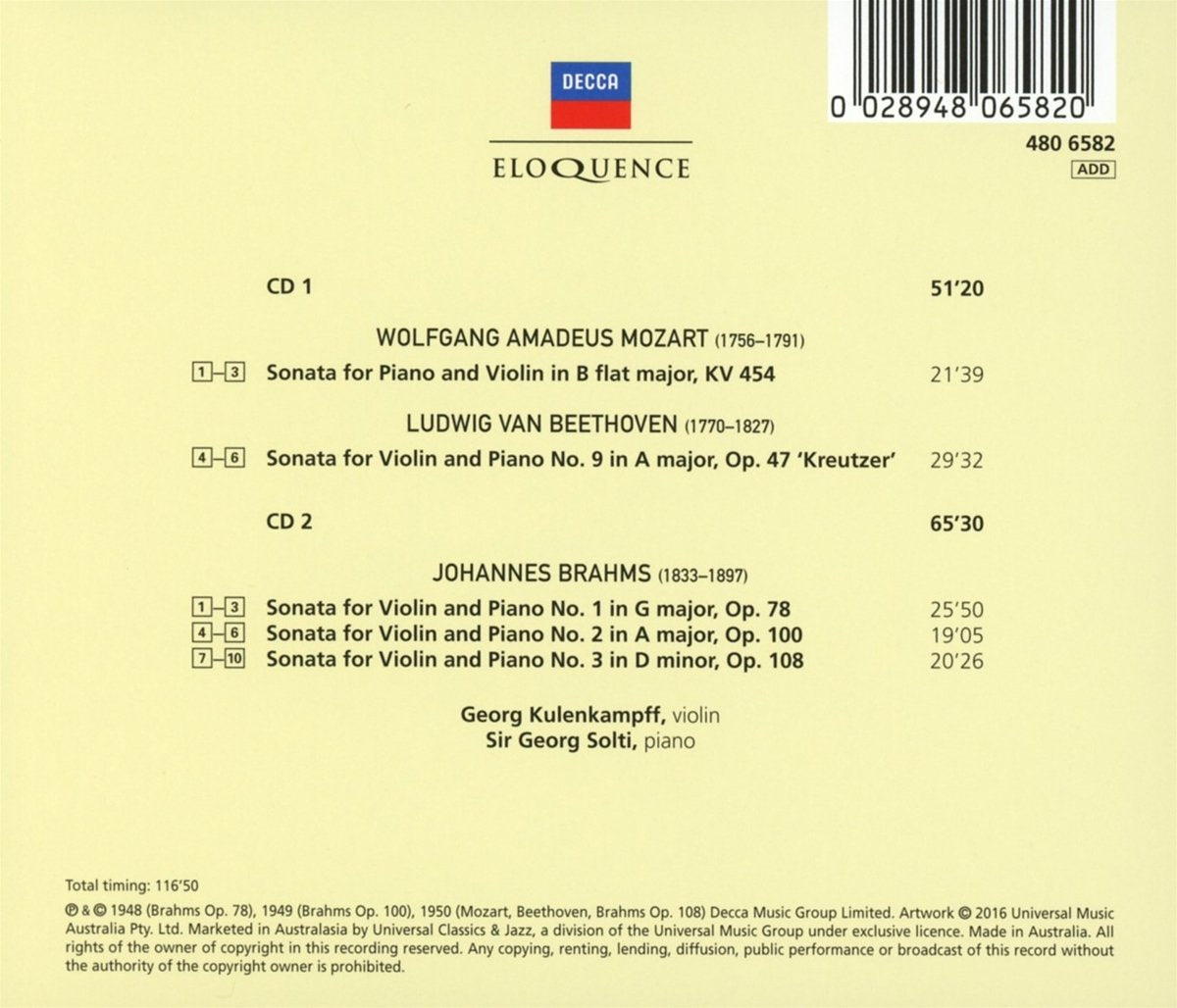 BEETHOVEN / MOZART / BRAHMS: VIOLIN SONATAS - KULENKAMPFF; SOLTI