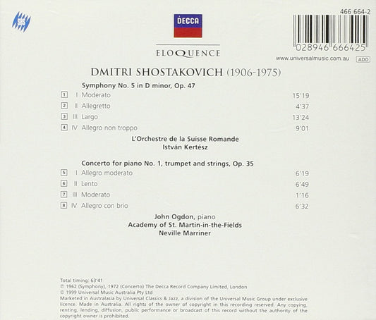 SHOSTAKOVICH: Symphony No. 5, Piano Concerto No. 1 - John Ogden, Istvan Kertesz, Neville Marriner