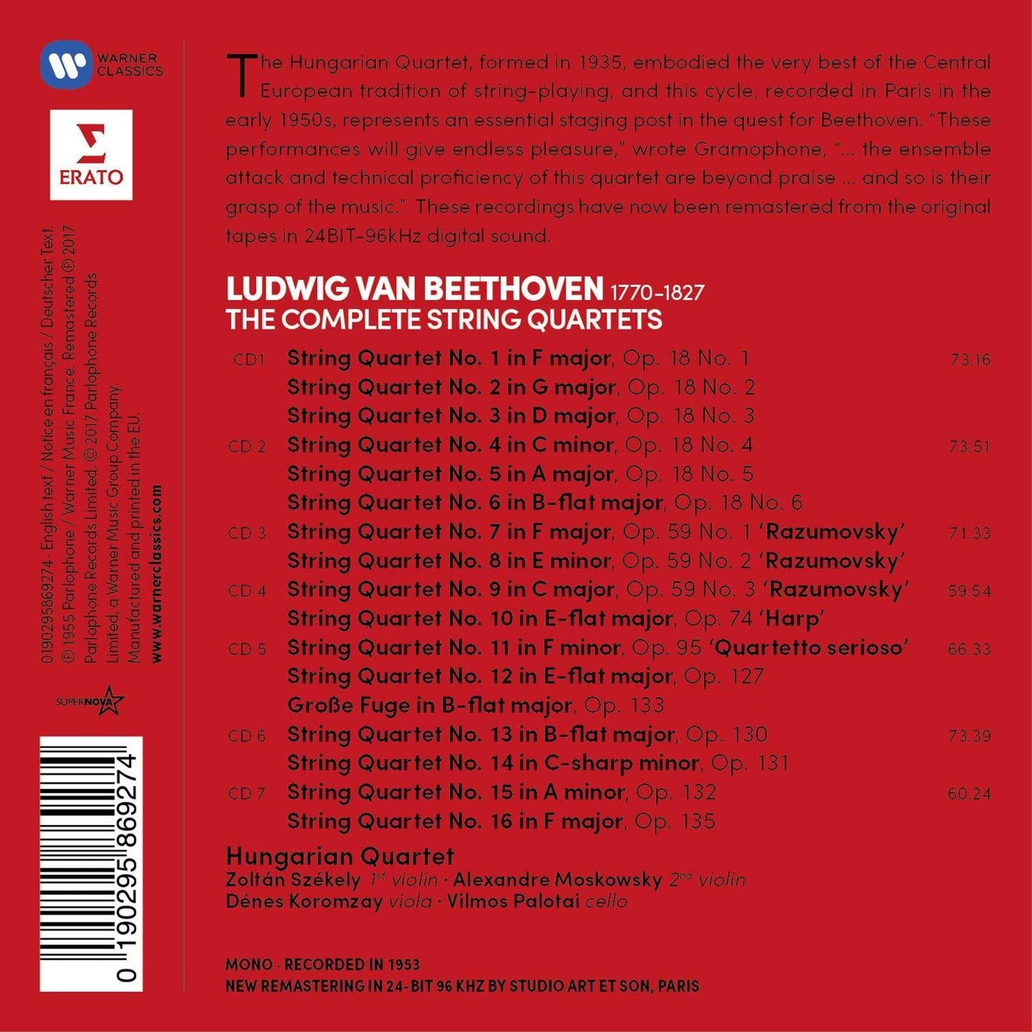 Beethoven: The Complete String Quartets - Hungarian Quartet (7 CDs)