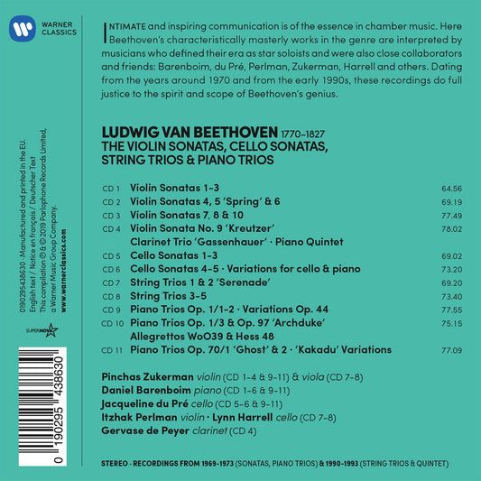 BEETHOVEN: COMPLETE VIOLIN SONATAS, CELLO SONATAS, STRING TRIOS AND PIANO TRIOS - ZUKERMAN, BARENBOIM, DU PRE, HARRELL, DE PEYER (11 CDS)