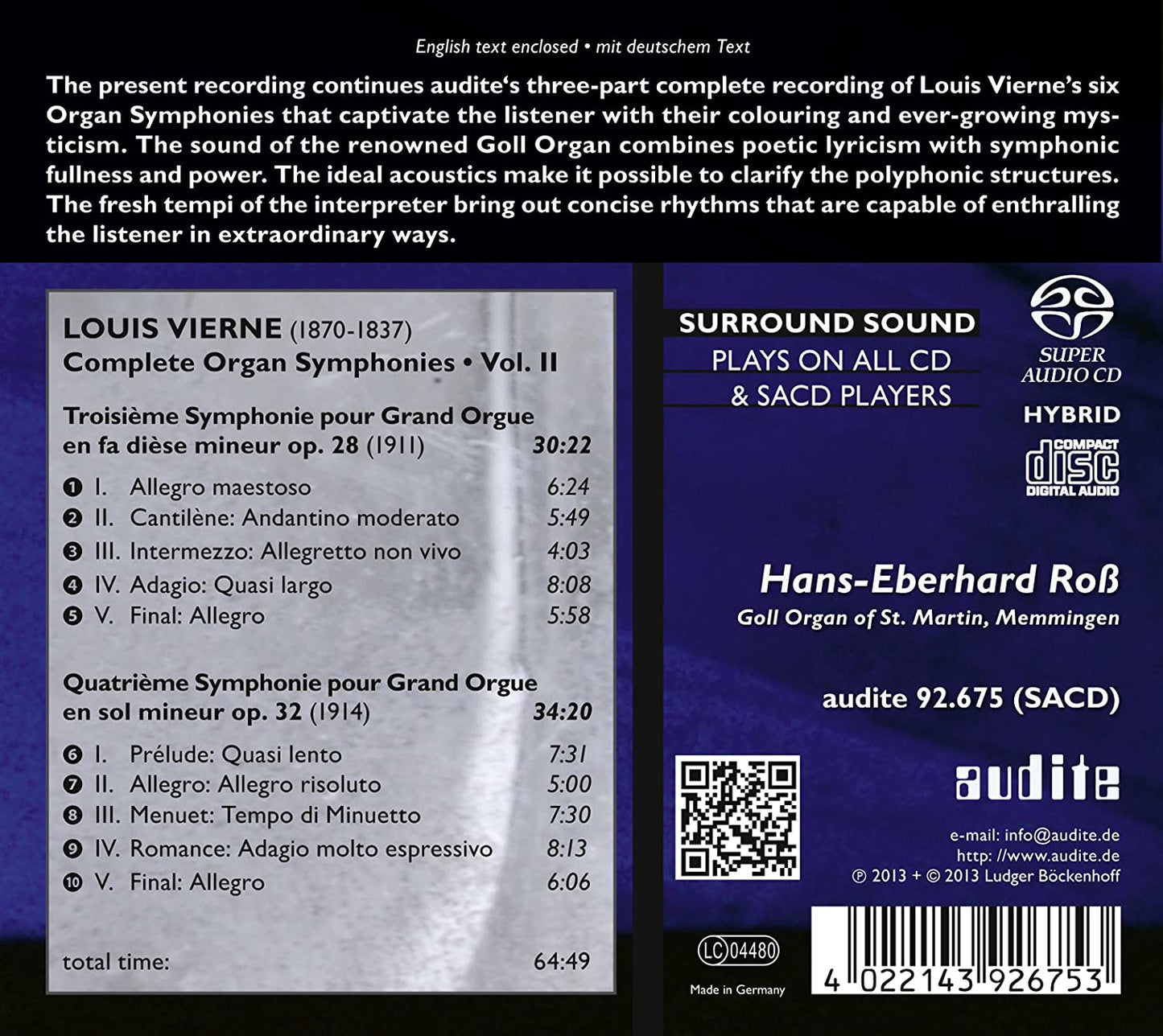 VIERNE: COMPLETE ORGAN SYMPHONIES, Vol. II - Hans-Eberhard Roß (Goll Organ of St. Martin, Memmingen) (Hybrid SACD)