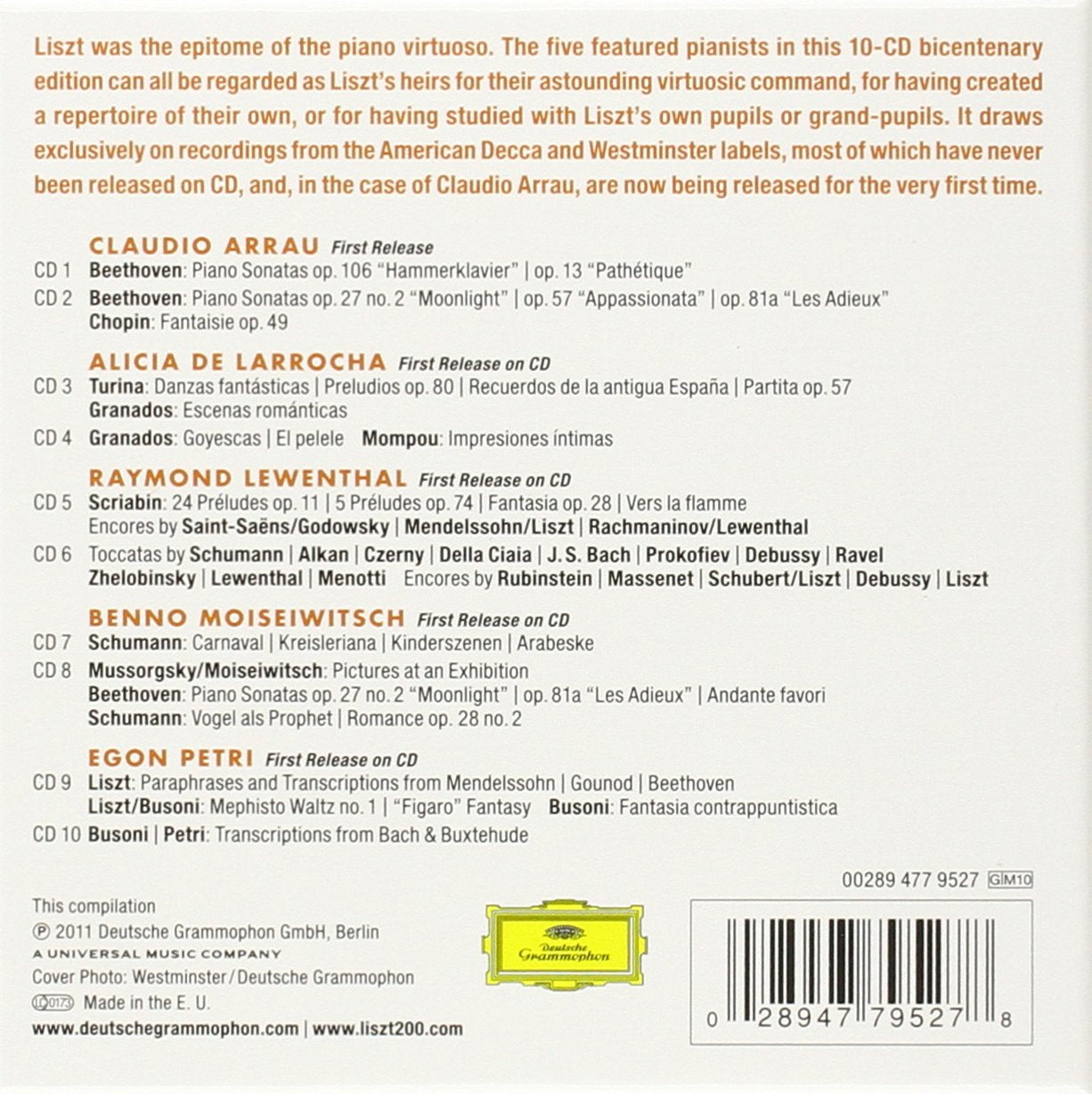 THE LISZT LEGACY - ARRAU, DE LARROCHA, LEWENTHAL, MOISEIWITCH, PETRI (10 CDs)