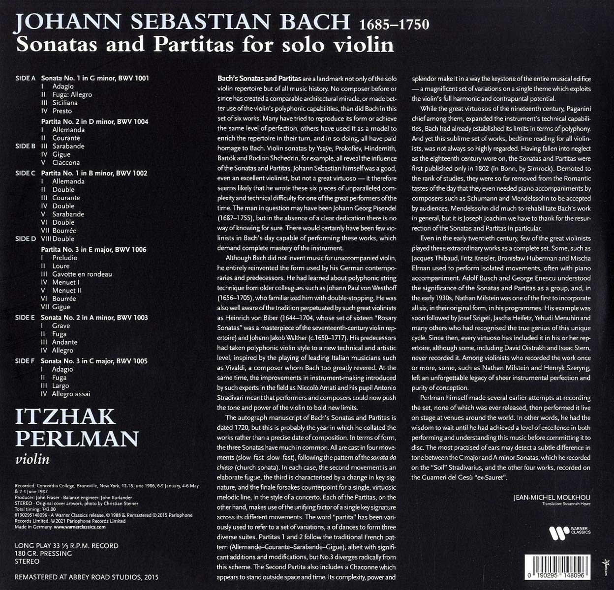 BACH: SONATAS & PARTITAS FOR SOLO VIOLIN - ITZHAK PERLMAN (3 LPS)