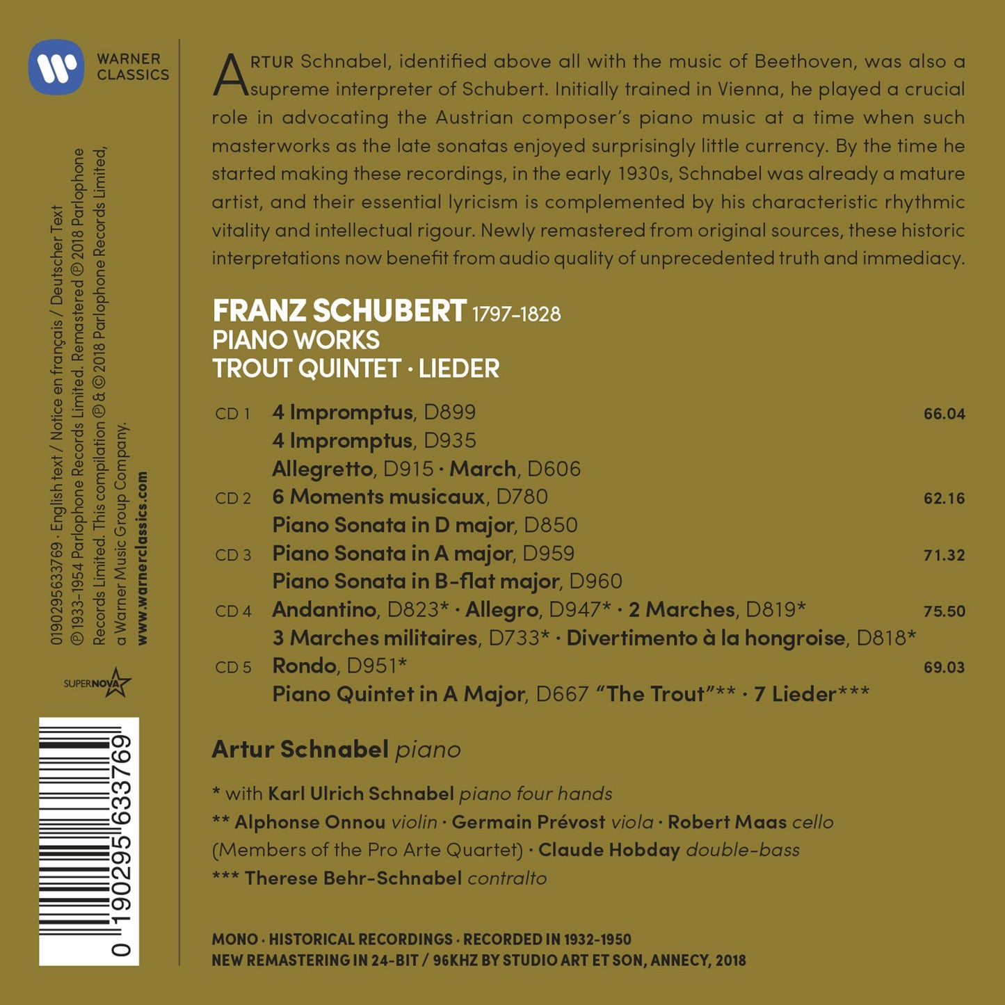 SCHUBERT: PIANO WORKS, TROUT QUINTET, LIEDER - SCHNABEL (5 CDS)