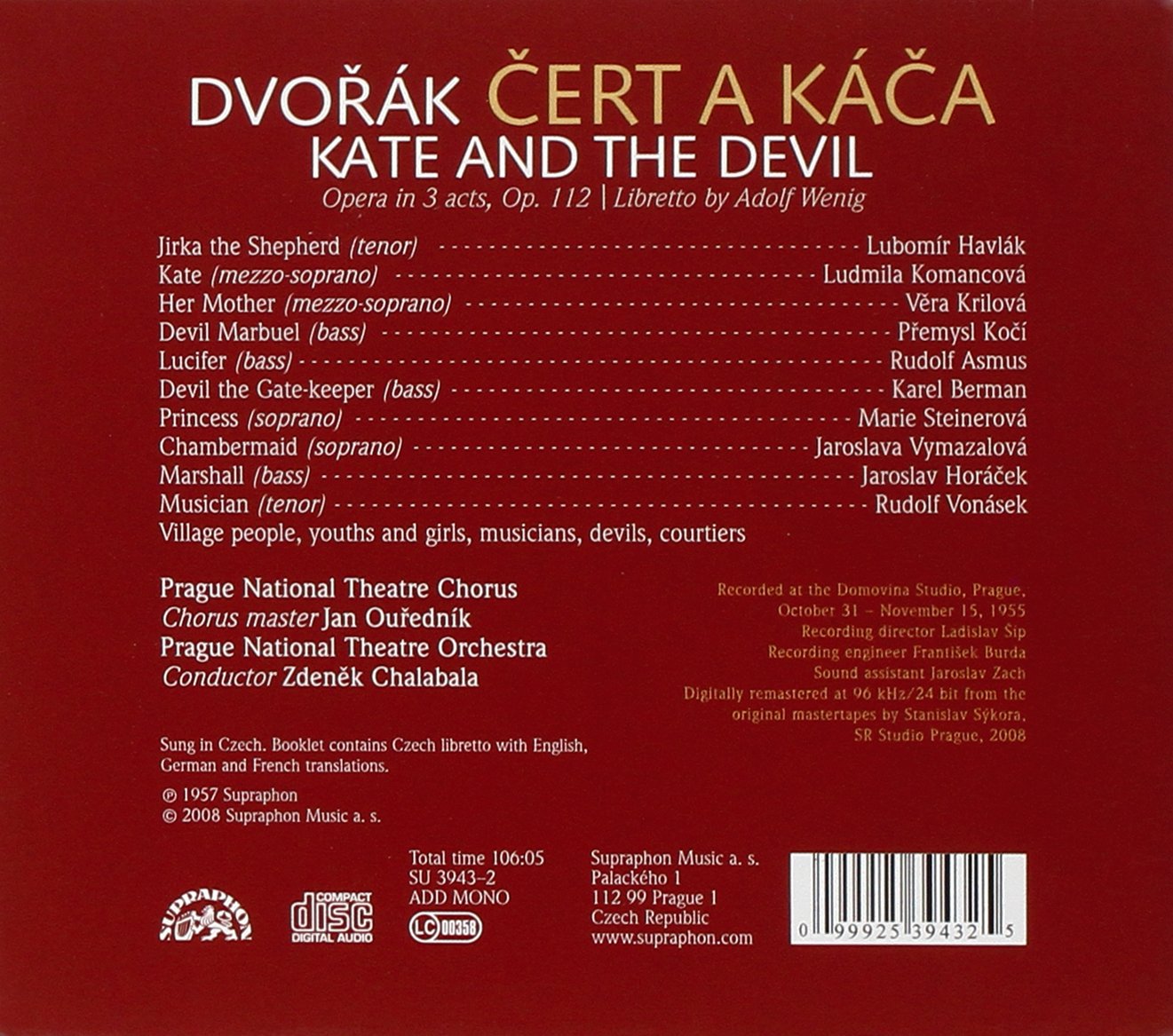 DVORAK: Kate and the Devil - Komancova, Koci, Havlak, Prague National Theatre (2 CDs)