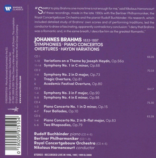 Brahms: Symphonies, Overtures, Haydn, Variations, Piano Concertos - HARNONCOURT, BUCHBINDER, BERLIN PHILHARMONIC, CONCERTGEBOUW (5 CDS)