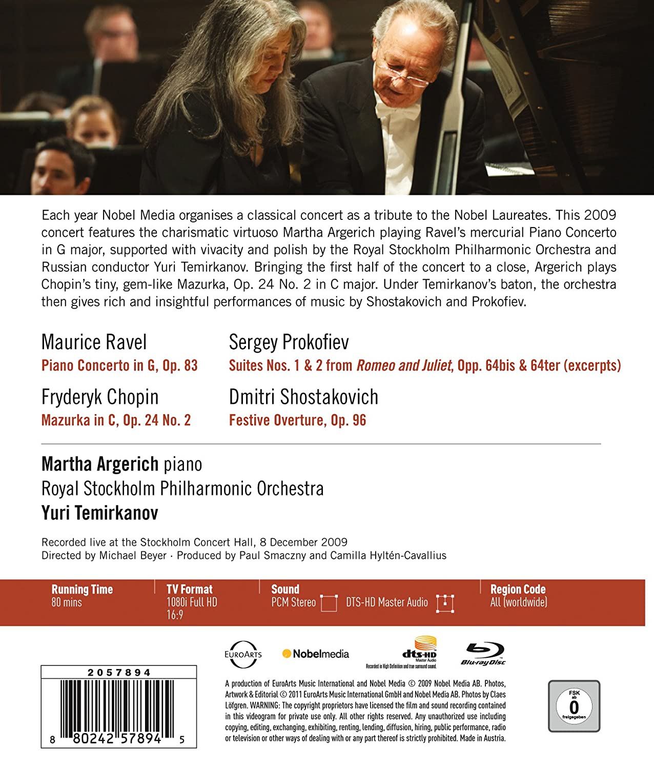 MARTHA ARGERICH: NOBEL PRIZE CONCERT, 2009 - Royal Stockholm Philharmonic, Yuri Temirkanov (Blu-Ray DVD)