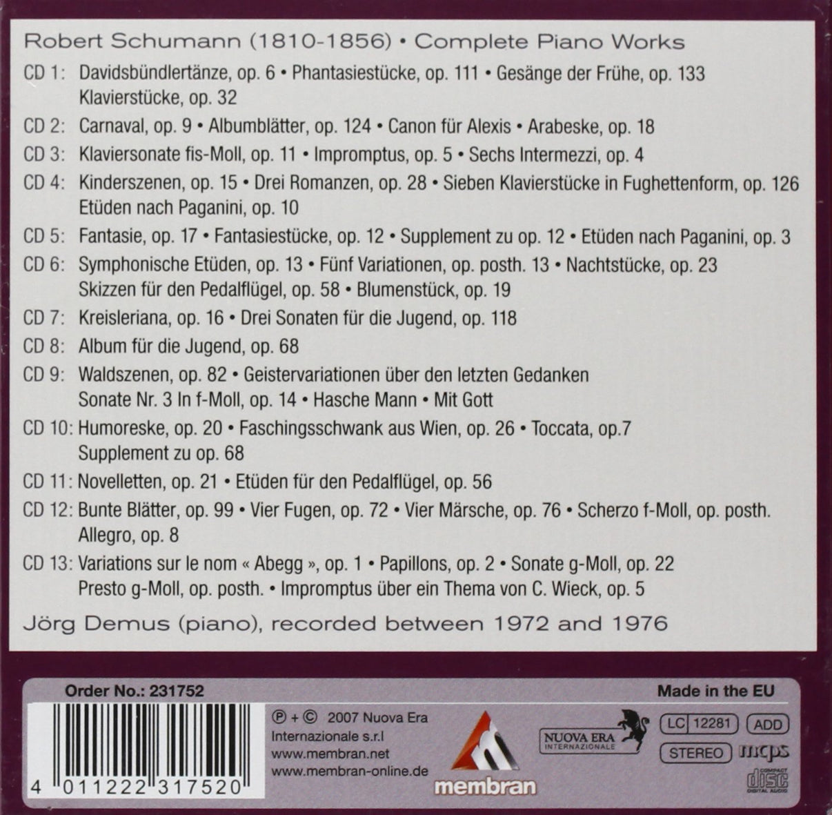 SCHUMANN: COMPLETE PIANO WORKS - JORG DEMUS (13 CDS) – ClassicSelect World