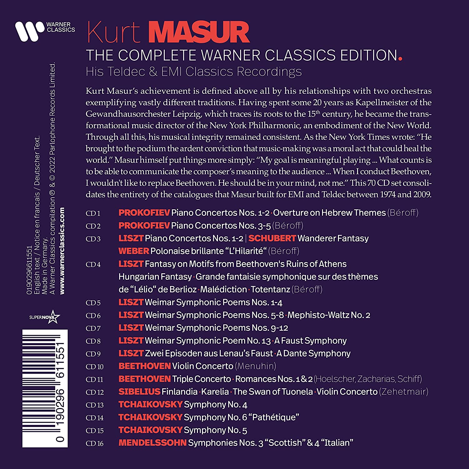 KURT MASUR: THE COMPLETE WARNER CLASSICS COLLECTION - HIS TELDEC