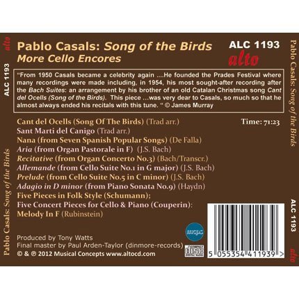 PABLO CASALS: SONG OF THE BIRDS - MORE CELLO ENCORES