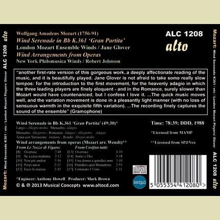MOZART: GRAN PARTITA; WIND SERENADE K. 361; WIND ARRANGEMENTS OF OPERA - JANE GLOVER, LONDON MOZART WIND ENSEMBLE