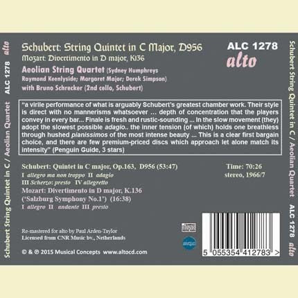 SCHUBERT: STRING QUINTET IN C MAJOR; MOZART: DIVERTIMENTO IN D - AEOLIAN QUARTET; BRUNO SCHRECKER