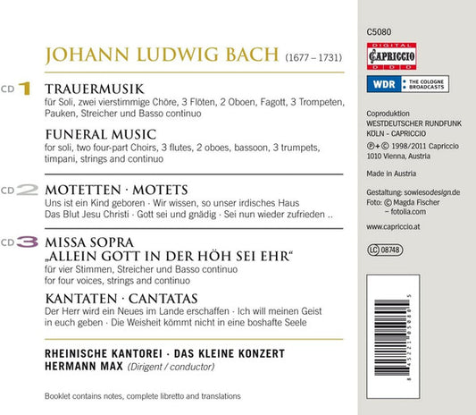 BACH, Johann Ludwig: Trauermusik, Funeral Music, Motets, Cantatas, Missa Brevis: Rheinische Kantorei, Das Kleine Konzert (3 CDS)