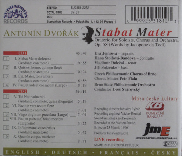 Dvorak: Stabat Mater - Brno Philharmonic Orchestra, Czech Philharmonic Chorus of Brno, Leos Svarovsky (2 CDs)