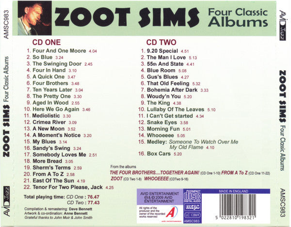 ZOOT SIMS: FOUR CLASSIC ALBUMS (THE FOUR BROTHERS TOGETHER AGAIN/FROM A TO Z/ZOOT/WHOOEEEE) (2 CD)