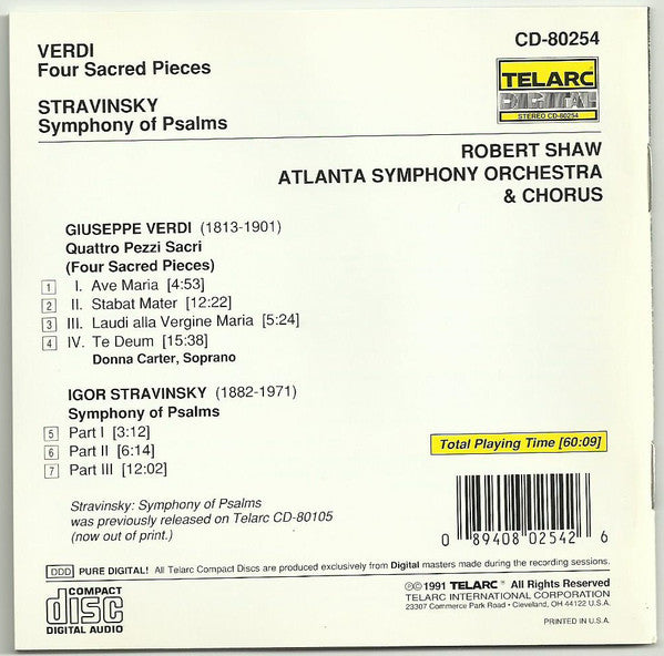 VERDI: QUATTRO PEZZI SACRI (4 SACRED PIECES); STRAVINSKY: SYMPHONY OF PSALMS - Robert Shaw, Atlanta Symphony Orchestra & Chorus