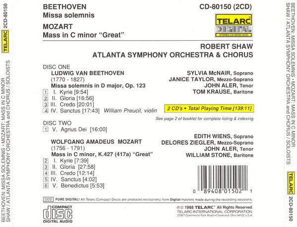 BEETHOVEN: MISSA SOLEMNIS; MOZART: MASS IN C MINOR - Robert Shaw, Atlanta Symphony Orchestra and Chorus (2 CDs)