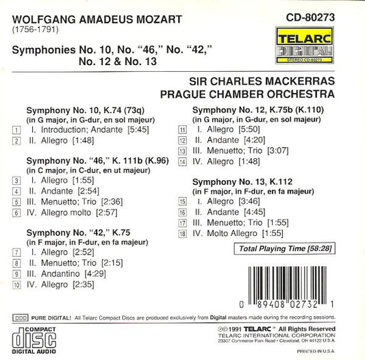 MOZART: SYMPHONIES NO. 10, 12, 13, "42", "46" - Prague Chamber Orchestra, Charles Mackerras