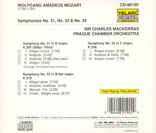 MOZART: SYMPHONIES NO. 31, 33, 34 - Mackerras, Prague Chamber Orchestra