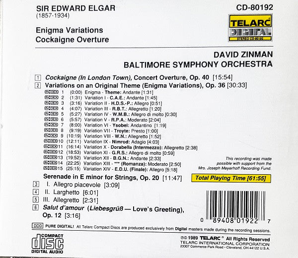 ELGAR: ENIGMA VARIATIONS; COCKAIGNE OVERTURE - Baltimore Symphony Orchestra, David Zinman