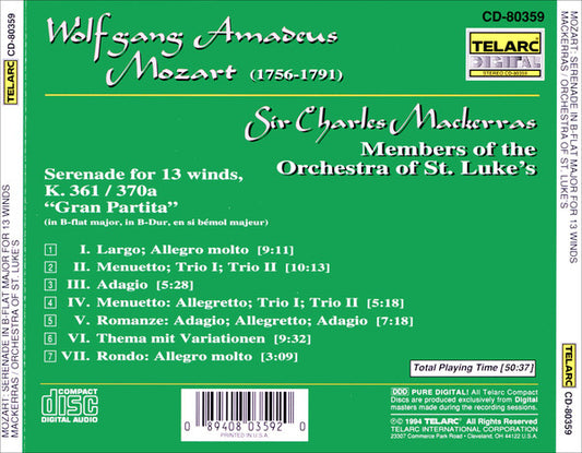 MOZART: Serenade for 13 Winds, K. 361 'Gran Partita' - Charles Mackerras, Orchestra of St. Luke's