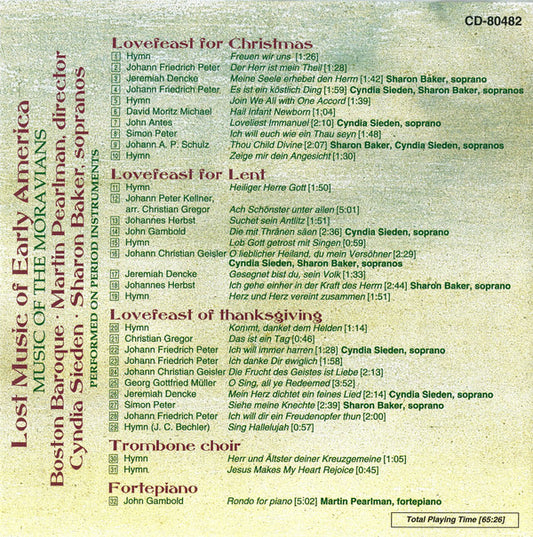 LOST MUSIC OF EARLY AMERICA (MUSIC of the MORAVIANS) - Boston Baroque, Martin Pearlman