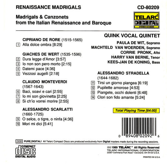 RENAISSANCE MADRIGALS - Quink Vocal Quintet