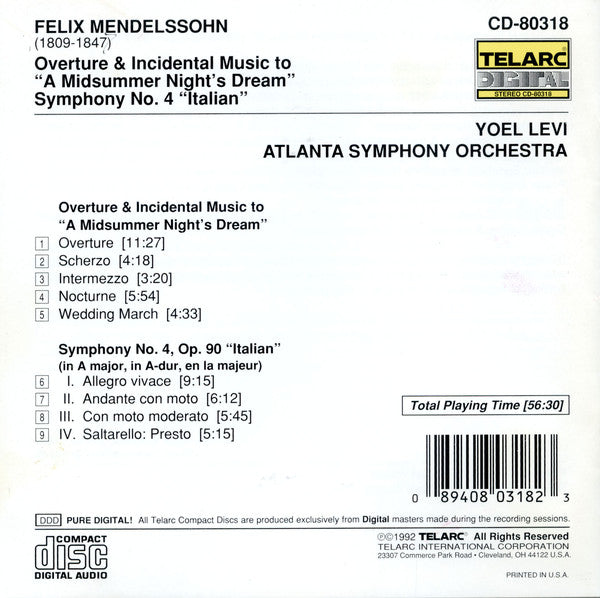 MENDELSSOHN: SYMPHONY NO. 4; A MIDSUMMER NIGHT'S DREAM Incidental Music - Yoel Levi, Atlanta Symphony Orchestra