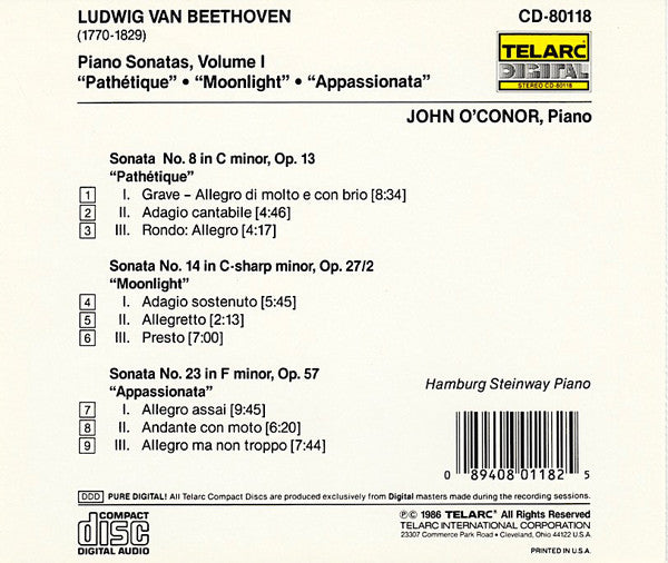 BEETHOVEN: PIANO SONATAS VOL. 1 (No. 8 "Pathetique", No. 14 "Moonlight", No. 23 "Apassionata") - John O'Conor