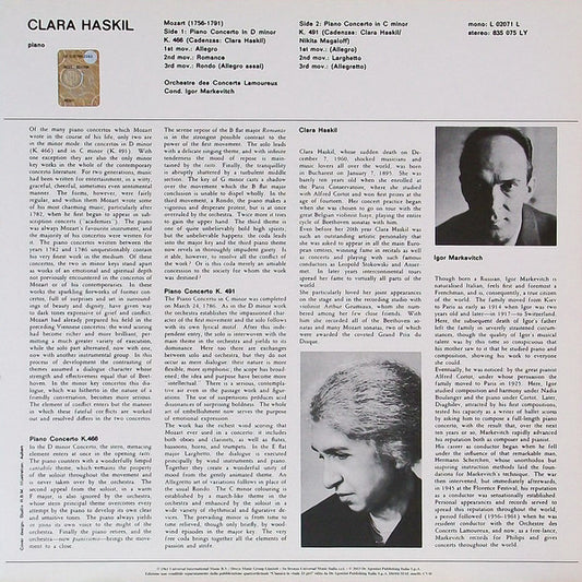 MOZART: PIANO CONCERTOS K466 & K491 - CLARA HASKIL, IGOR MARKEVITCH, ORCHESTRE DES CONCERTES LAMOREUX (180 GRAM VINYL LP)